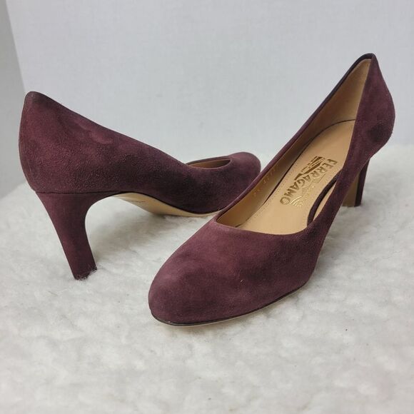Salvatore Ferragamo Suede Pumps Burgundy Leather Trim Round Toe Stiletto Heels - Picture 5 of 9